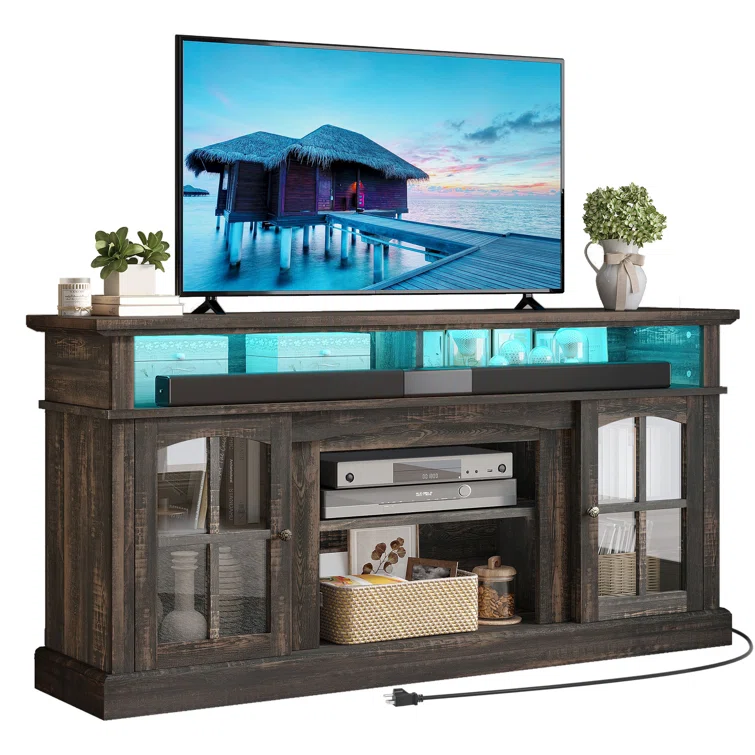 LED Farmhouse Media Entertainment Center Console Table TV Stand  w/Outlets  and Cabinet Glass Door