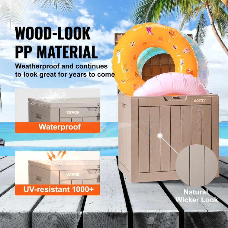 VEVOR 22.1'' W 31 Gallons Water Resistant Polypropylene Lockable Deck Box in Brown