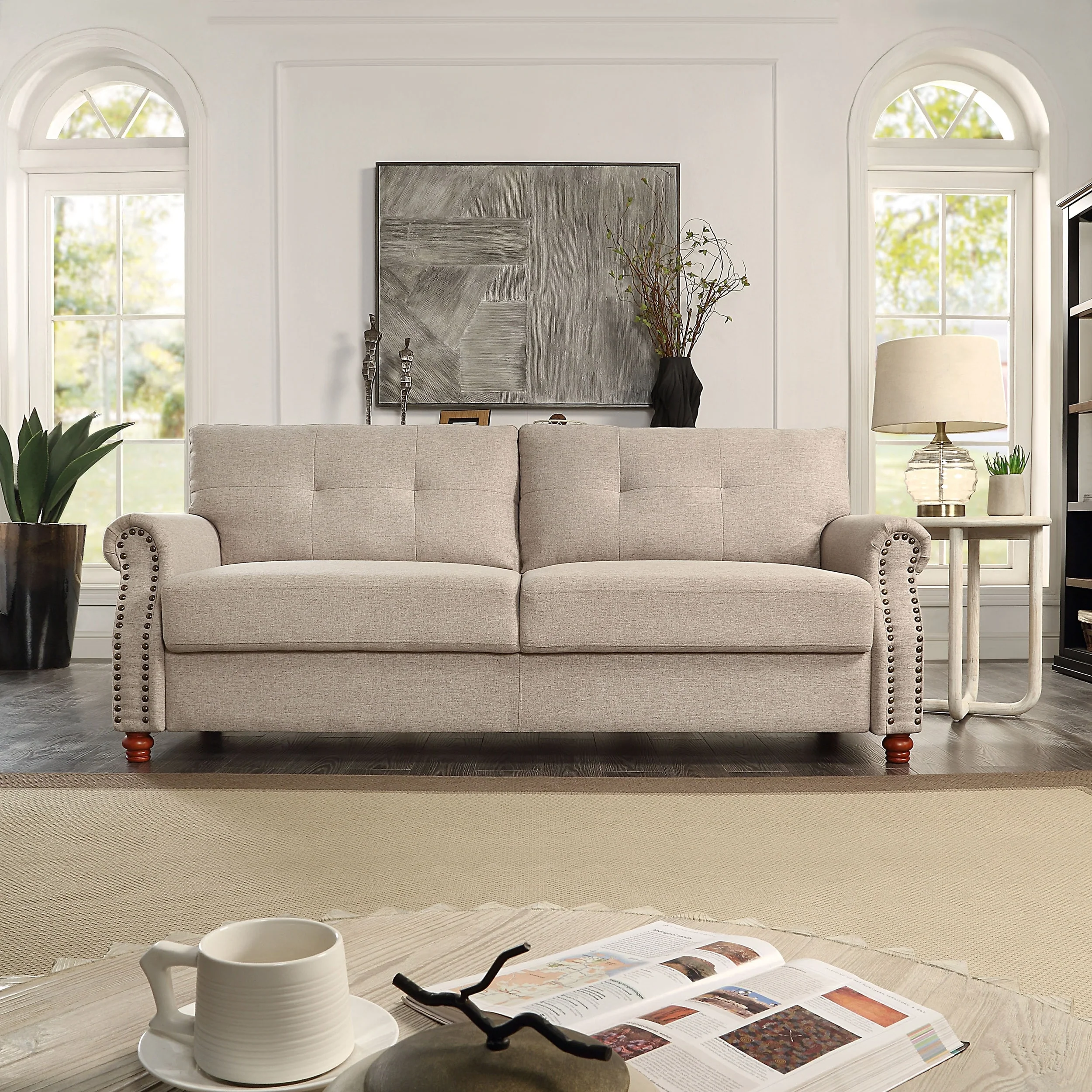 Beige Linen Fabric Upholstery Sofa with Storage - 32.28 x 79.53 x 33.47