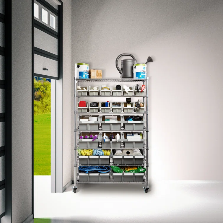 36" W NSF-Certified Commercial 7-Tier 22-Bin Storage Rack with Wheels