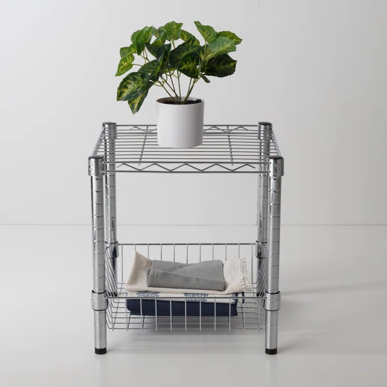 Metal Height-Adjustable Wire Shelf with Basket (15" W x 16" H x 14" D)