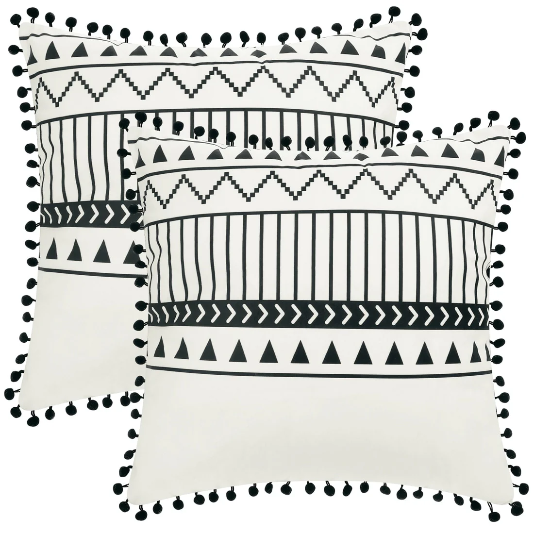 2Pcs Pompoms Throw Pillow Covers w Geometric Line Pattern Pillow Cases