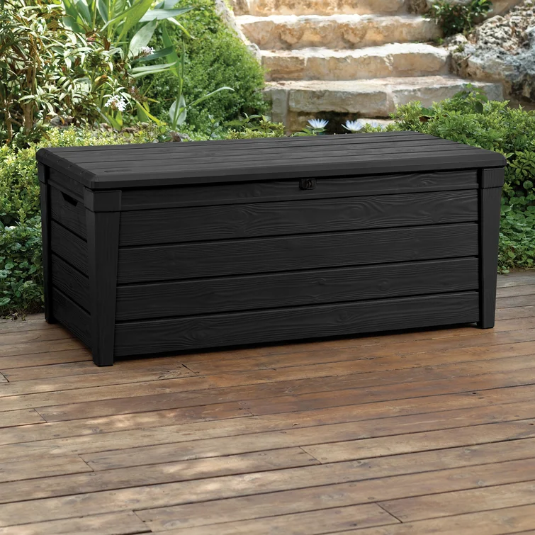 Keter Brightwood 120 Gallon Large Durable Resin Outdoor Storage and Organization Deck Box For Patio Furniture and Supplies
