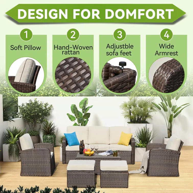 6 Pieces Patio Furniture Set Sectional Wicker Sofa Outdoor Conversation Sets With Table And Ottomans For Garden, Poolside, Backyard