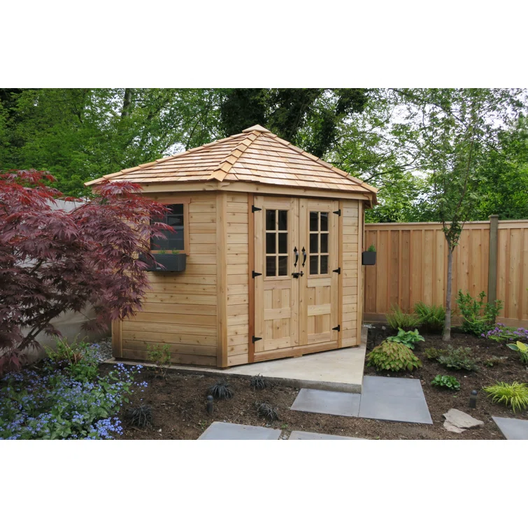 9 ft. W x 9ft. D Penthouse Cedar Wood Garden Shed with French Doors