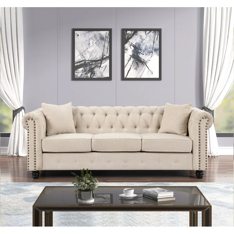 Neillsville 81" Linen Rolled Arm Chesterfield Sofa