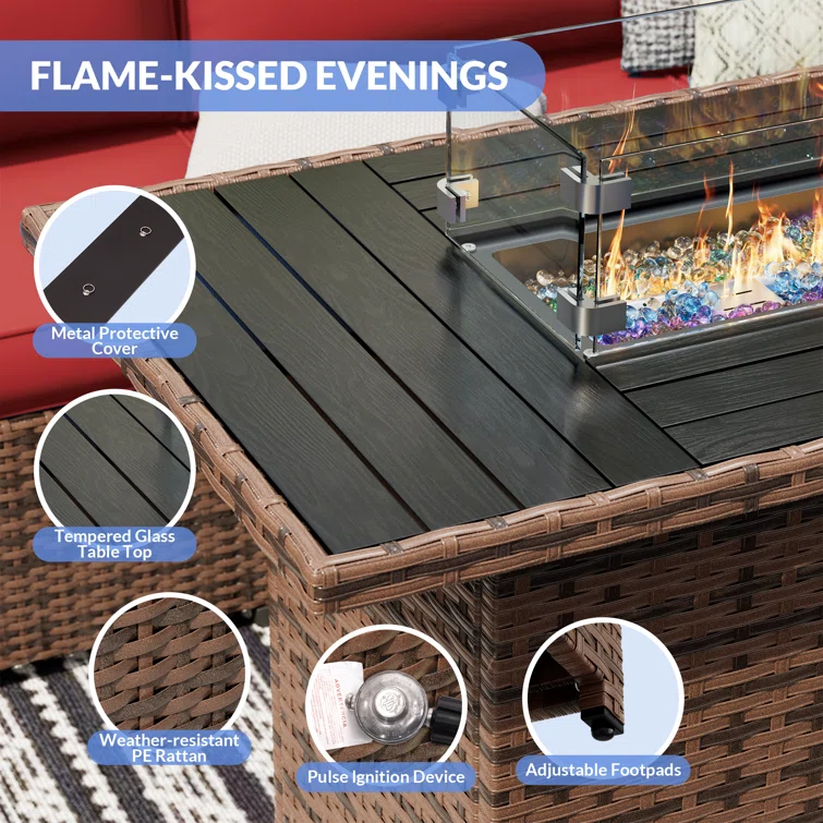 Mecayla 8 Piece Fire Pit & Rattan Sectional Seating Group with Cushions