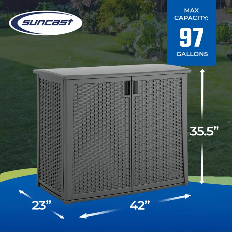 Suncast 97 Gallon Resin Lockable Cabinet Deck Box in Gray
