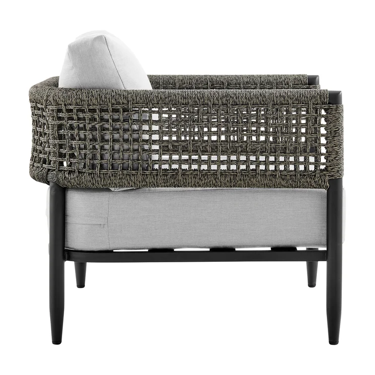 Scotia 4 Piece Outdoor Conversation Set in Black Aluminum and Rope with Light Gray Fabric Cushions