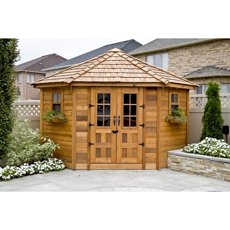 9 ft. W x 9ft. D Penthouse Cedar Wood Garden Shed with French Doors