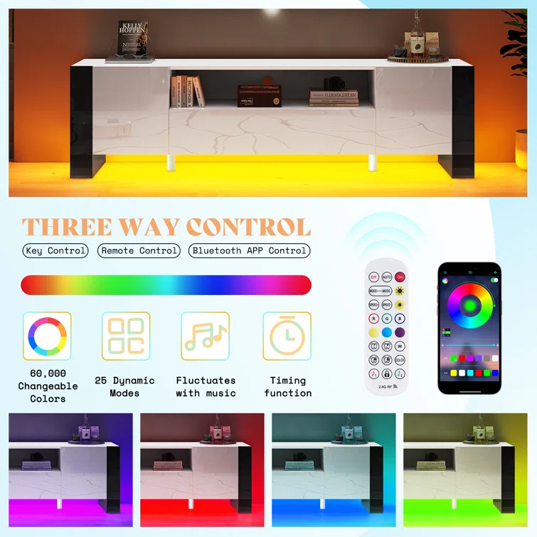 Bhhatu Modern LED TV Stands, 70 Inch TV Console With High Gloss Finish,Entertainment Center With 2 Cabinet Storage Drawer For Living Room, Gaming Room, TV Cabinet For TVs Up To 80