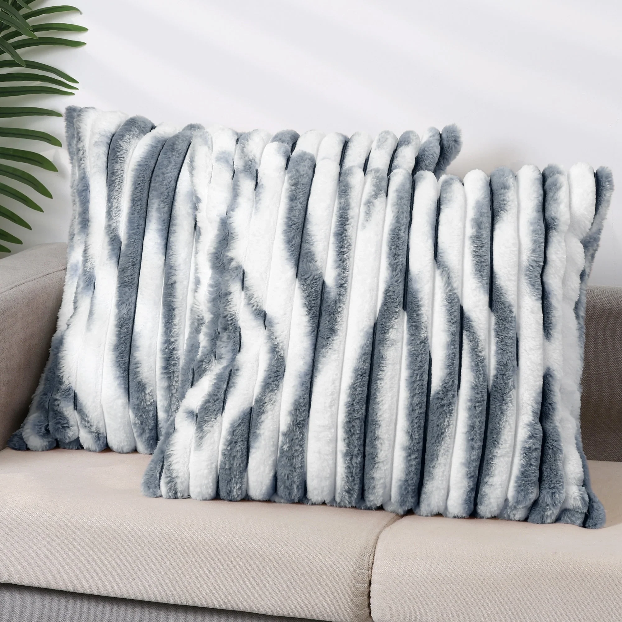 Set of 2 Fashion Gradient Striped Tie Dye Throw Pillow Covers Soft Cozy Faux Fur Plush Pillowcases for Couch, Living Room