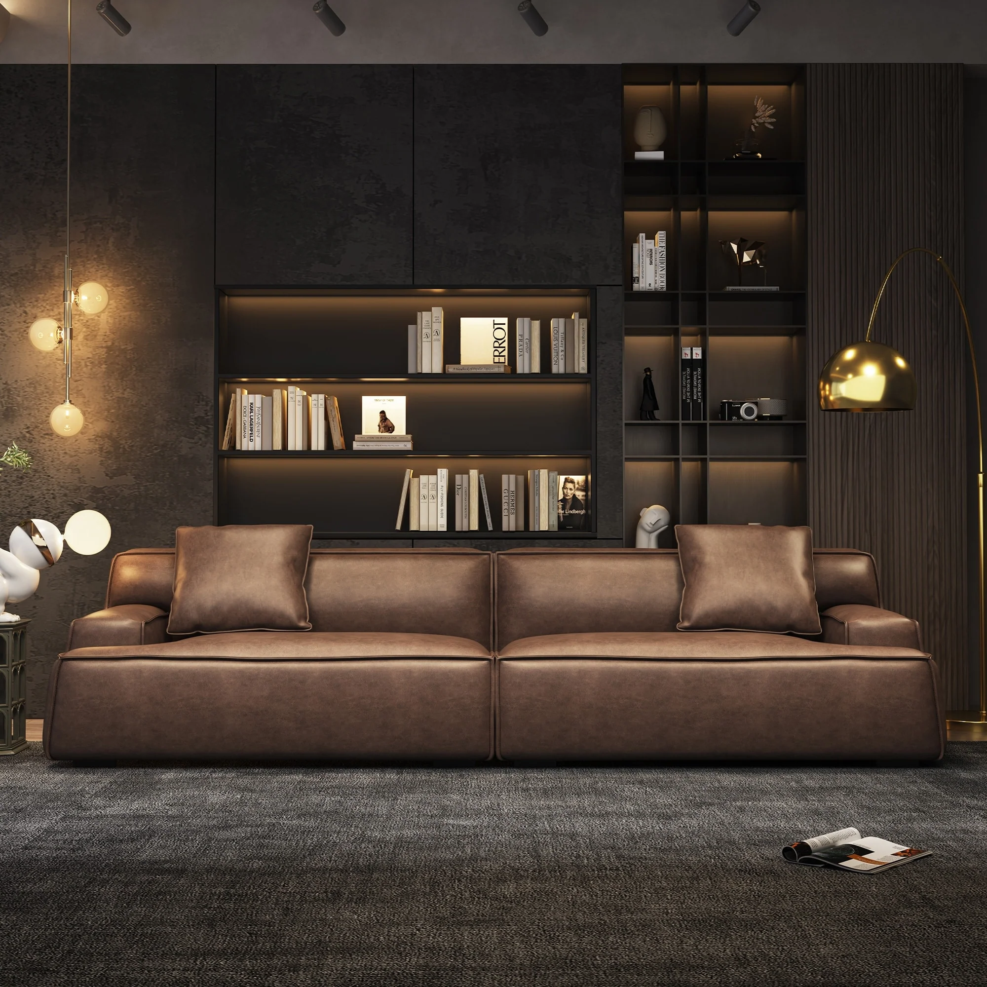 Recessed Arms Couch Leather Upholstered Sofa for Living Room-110.2