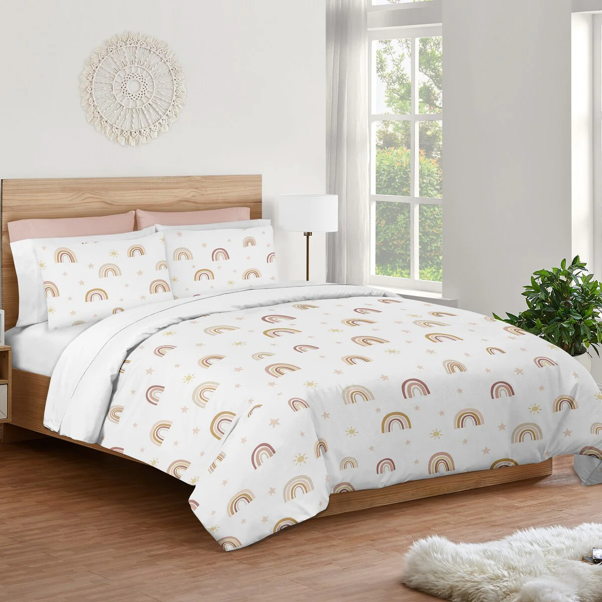 Boho Rainbow Girl 3pc Full Queen Comforter Set - Blush Pink Dusty Rose Gold Yellow Mauve Taupe Beige Bohemian Star Sun Celestial