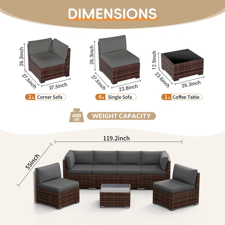 6 person Rattan Sectional Seating Group with Cushions