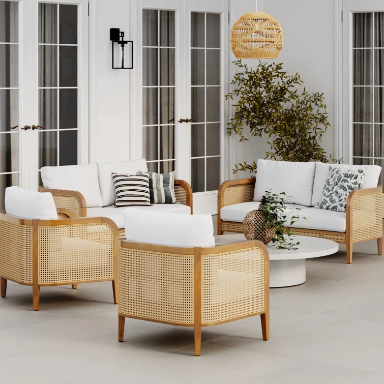 4-Piece Conversation Patio Set, Bohemian Wooden Outdoor Loveseat And Chairs With Cushions