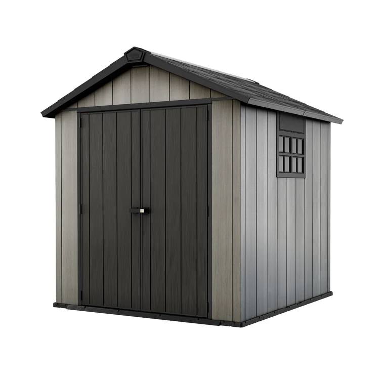 Keter Oakland 7.5x7 ft. Durable Resin Outdoor Storage Shed With Floor and Double Doors for Garden Patio Furniture and Tools, Grey