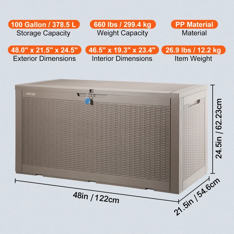 VEVOR 48'' W 100 Gallons Water Resistant Polypropylene Lockable Deck Box in Brown