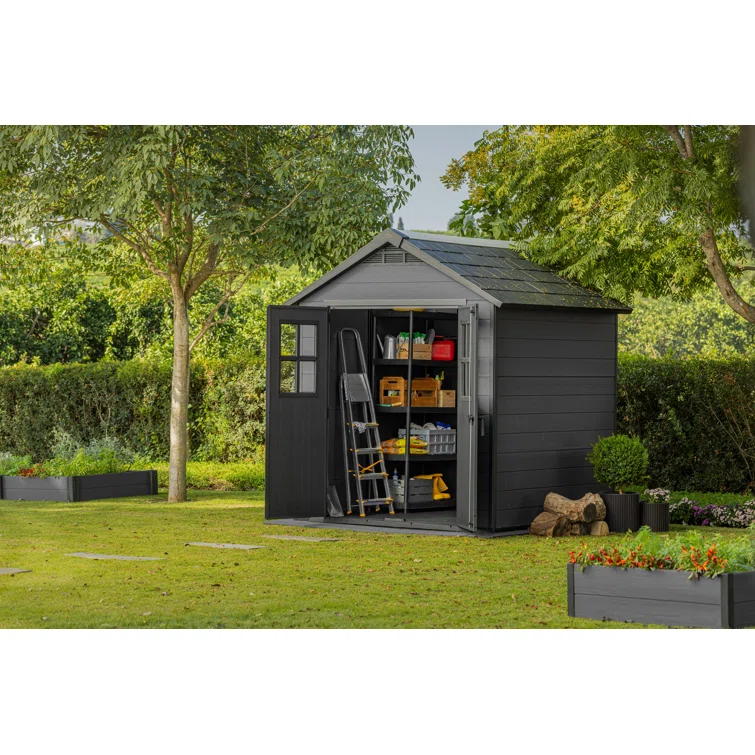 Keter Newton 7.5x7 ft. Durable Resin Outdoor Storage Shed With Floor and Double Doors for Garden Patio Furniture and Tools, Graphite