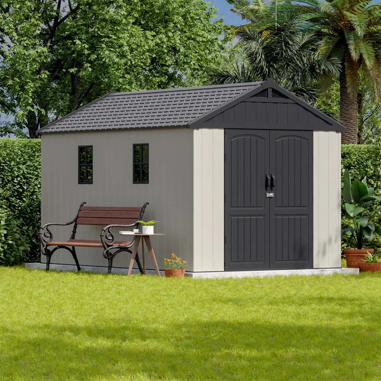 8 Ft. W X 12 Ft. D Plastic Storage Shed With Floor, Resin Shed With Reinforced Steel Structure, Beige