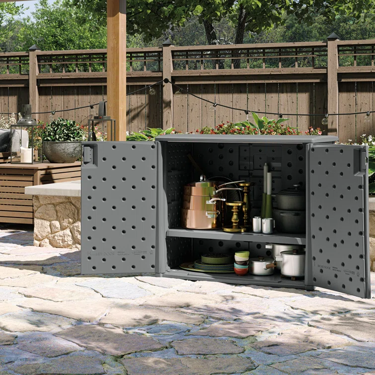 Suncast 97 Gallon Resin Lockable Cabinet Deck Box in Gray