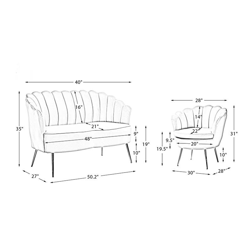 Ariel 3-Piece Scalloped Velvet Living Room Set