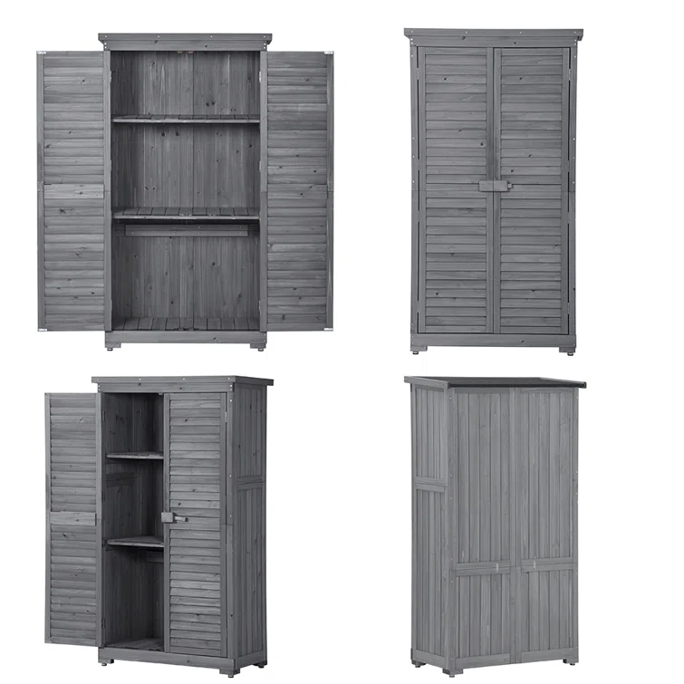3-Tier Shelves Patio Wooden Garden Shed, Outdoor Storage Cabinet, Tool Shed with Lockable Doors