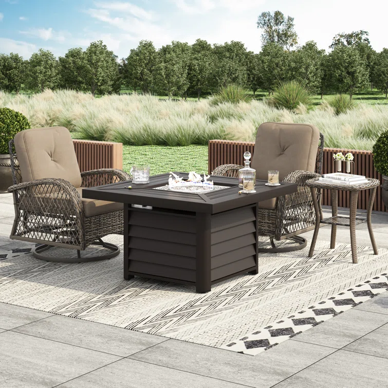 Baecher Wicker / Rattan 2 - Person Outdoor Seating Group with Swivel & Glider Chair Set and Aluminum Fire Pit Table