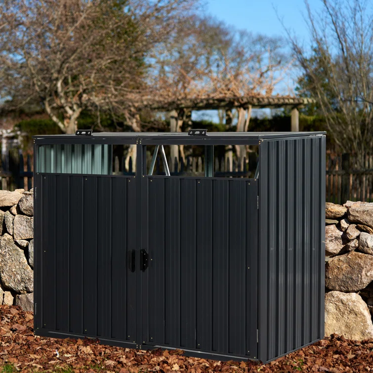 Metal Outdoor Garbage Bin Shed for 2 Trash Cans Black Stainless Galvanized Steel