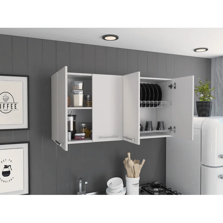 Asse 120 Wall Cabinet with Double Doors, Metal Dish Rack, and Glass Rack