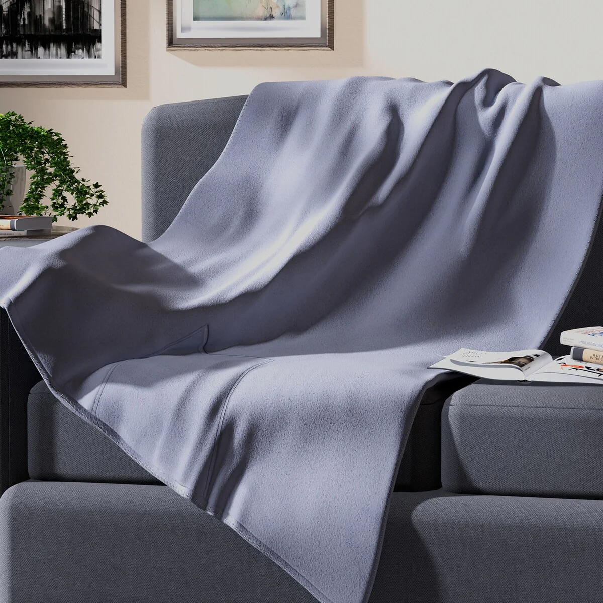 HOMESMART Home Room Decor 2 in 1 Gray Solid Fleece Travel Breathable Bed Blanket Folded Storage Pocket Comforter 67 X 51