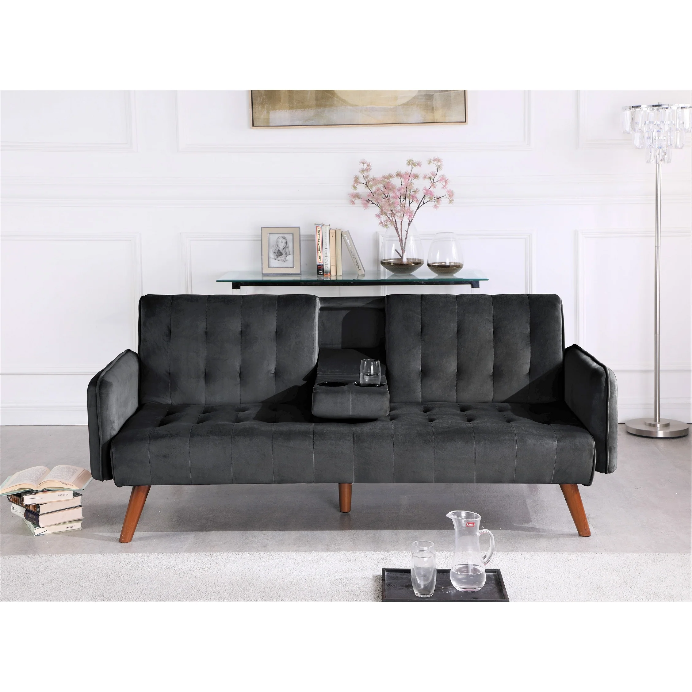 Velvet Upholstered Convertible Folding Futon Sofa Bed Sleeper Couch with 2 Cup Holders for Compact Living Room