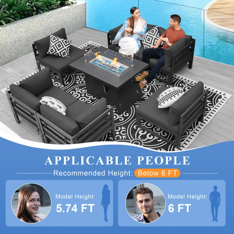 Gillet 7 Piece Patio Outdoor Aluminum Furniture Set with Fire Pit Table 55,000 BTU