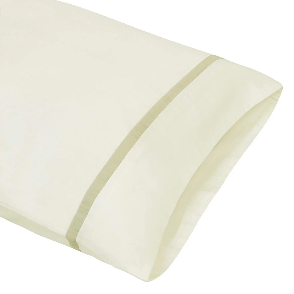 A1HC Pillow Case 100% Fine Smooth Long Staple Cotton Sateen 300 TC Ivory with Grey Band, Set of 2