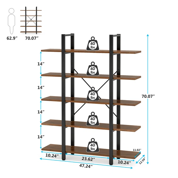 70.7" H x 47.24" W x 12.59" D Industrial Shelving Unit, 5-Tier Bookshelf