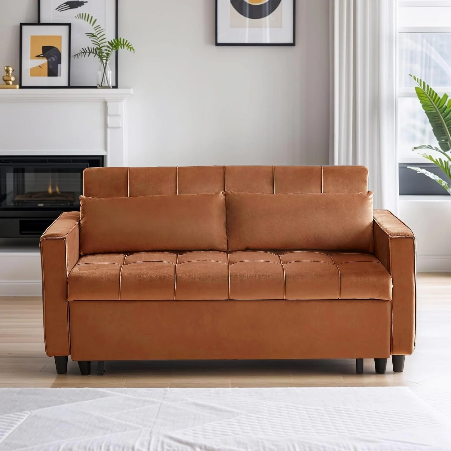 55 Inch Velvet Convertible Sofa, 3 in 1 Futon Couch with Pull-Out Bed/Adjustable Backrest Side Table/2 Lumbar Pillows