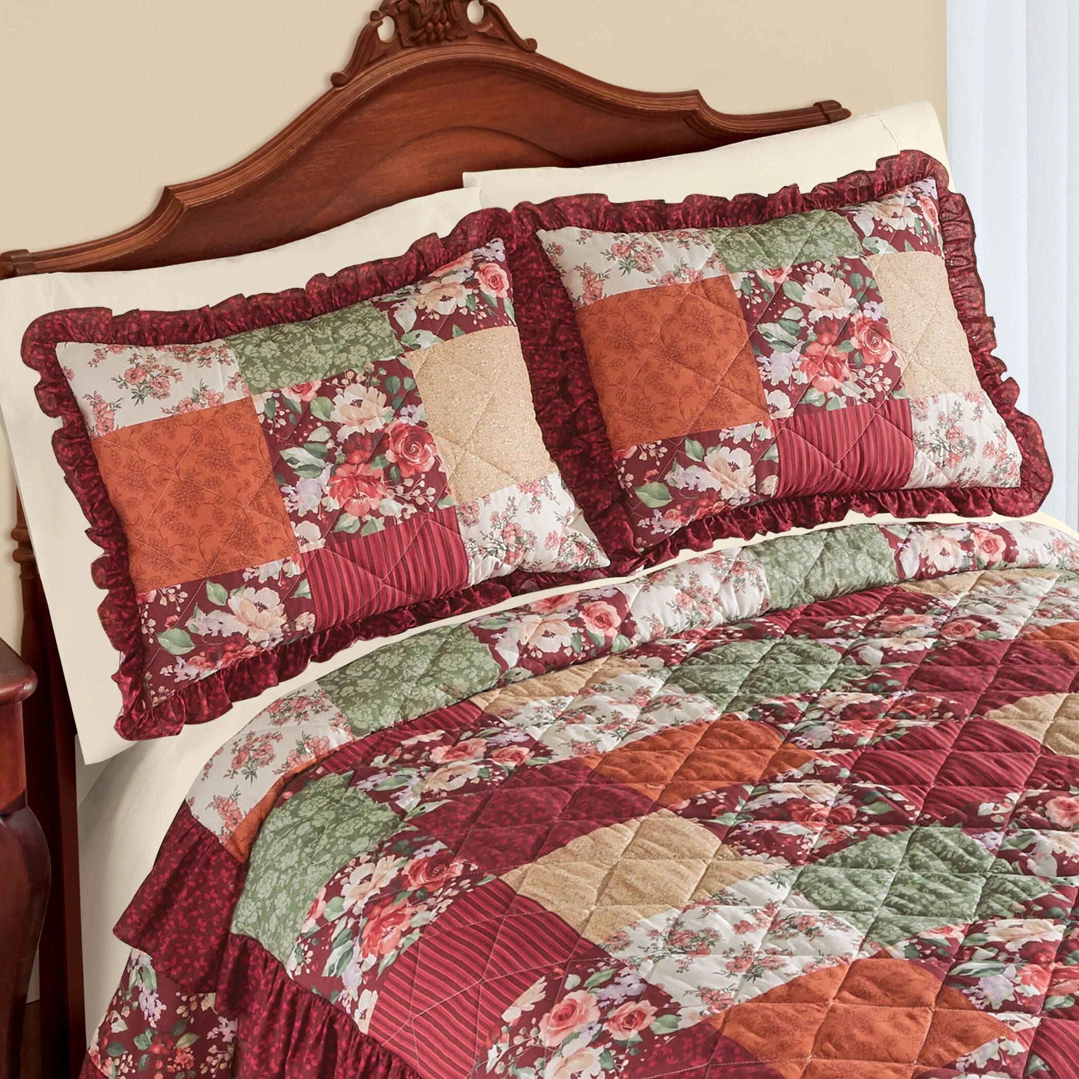 Olivia Rose Quilted Patchwork Ruffle Border Pillow Sham
