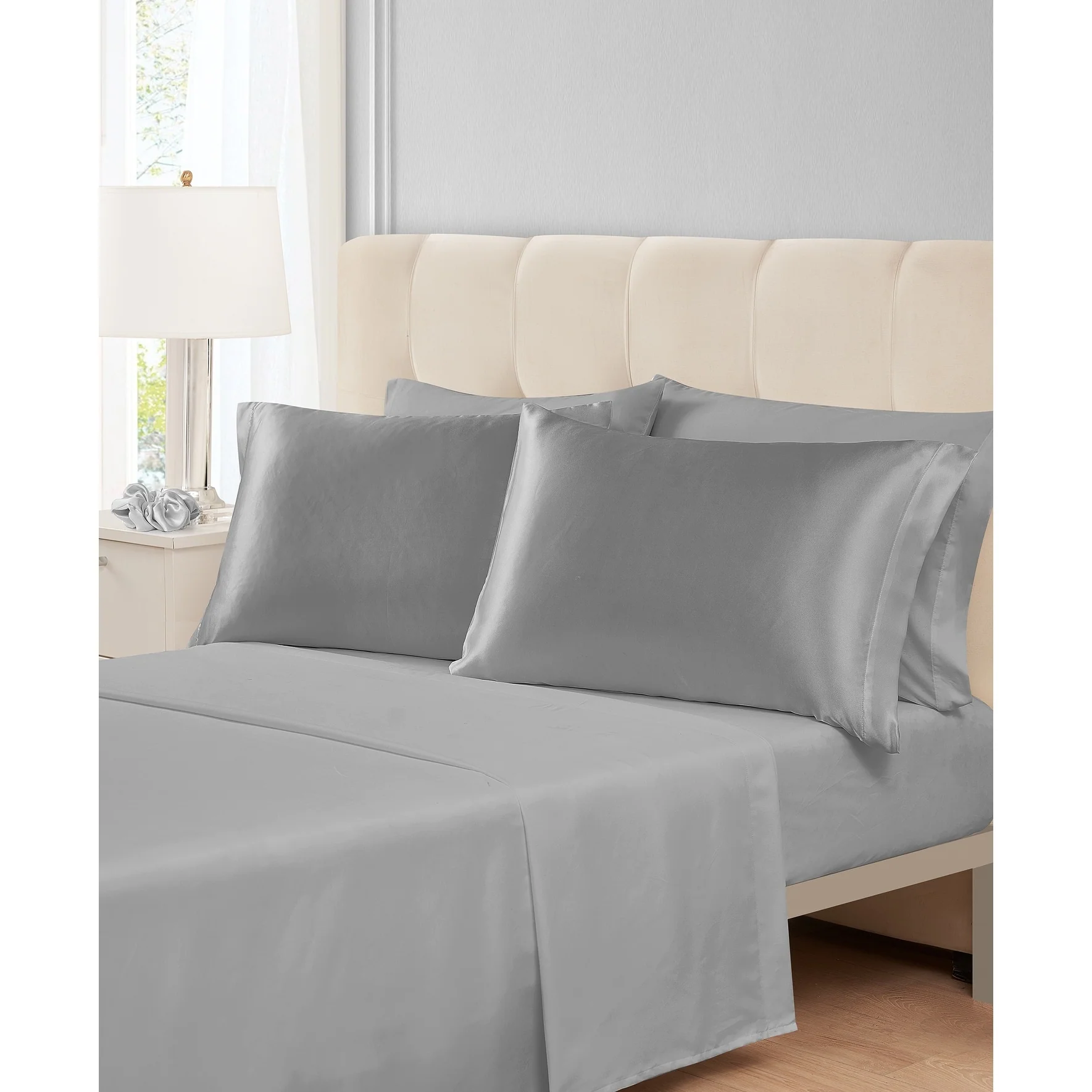 7 Piece Silver Sheet Set with Satin Accessories