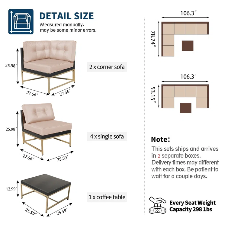 Patio 7-Piece Furniture Set,Outdoor Wicker Sectional Sofa w/Golden Legs<!-- --> <!-- -->(Set of 7)