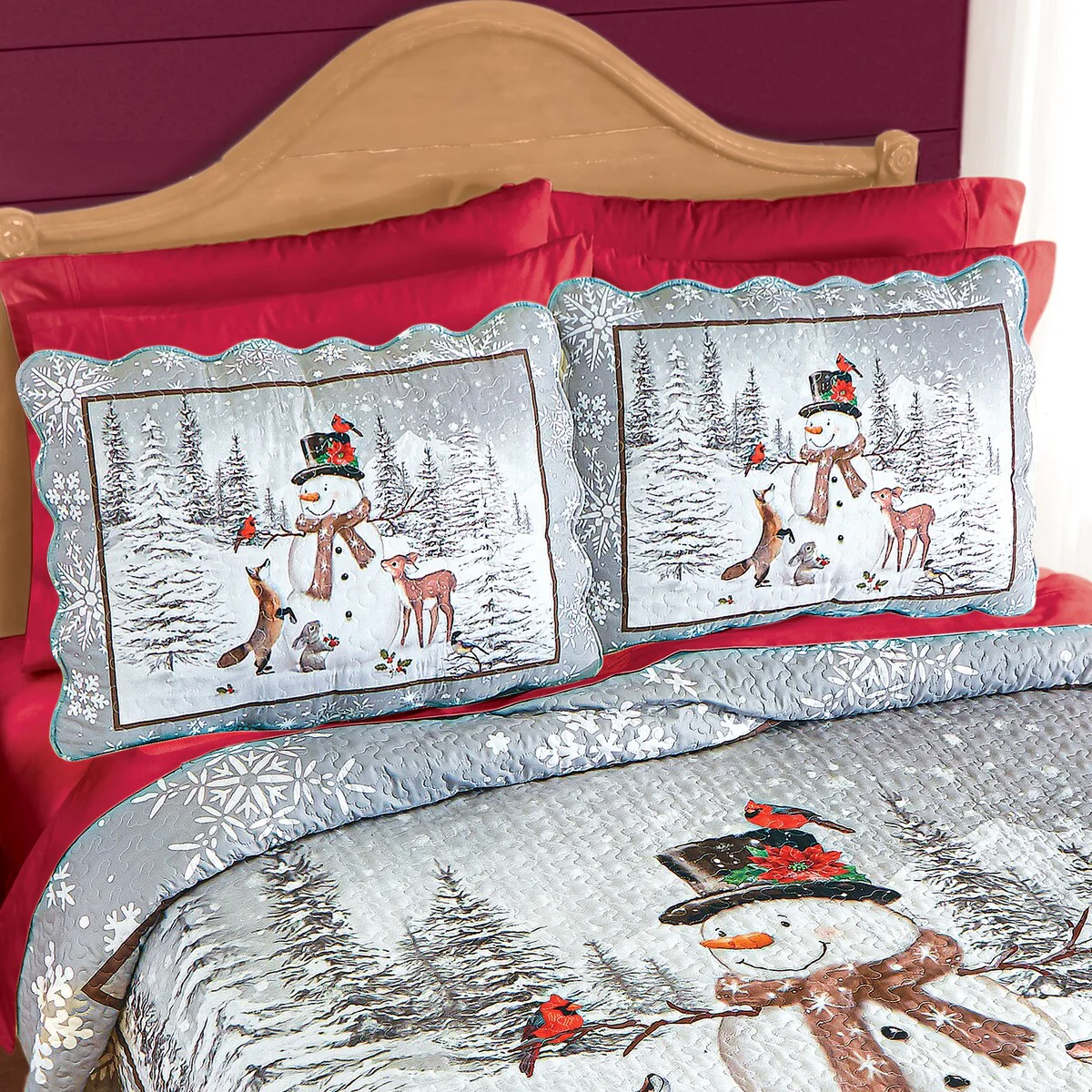 Winter Snowman and Deer Scalloped Edge Pillow Sham Set