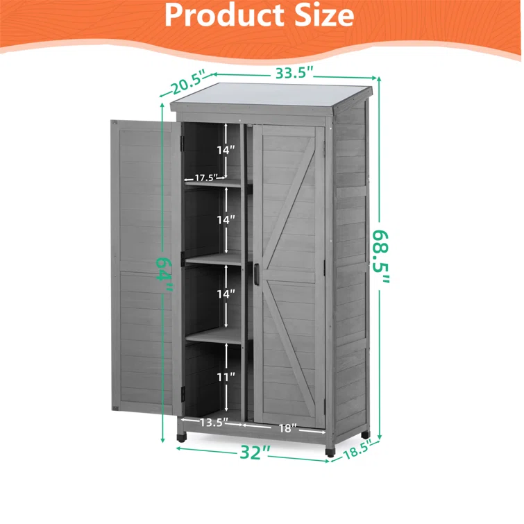 Outdoor Storage Cabinet and Metal Top,68 Inches Wood Tall Shed for Yard and Patio