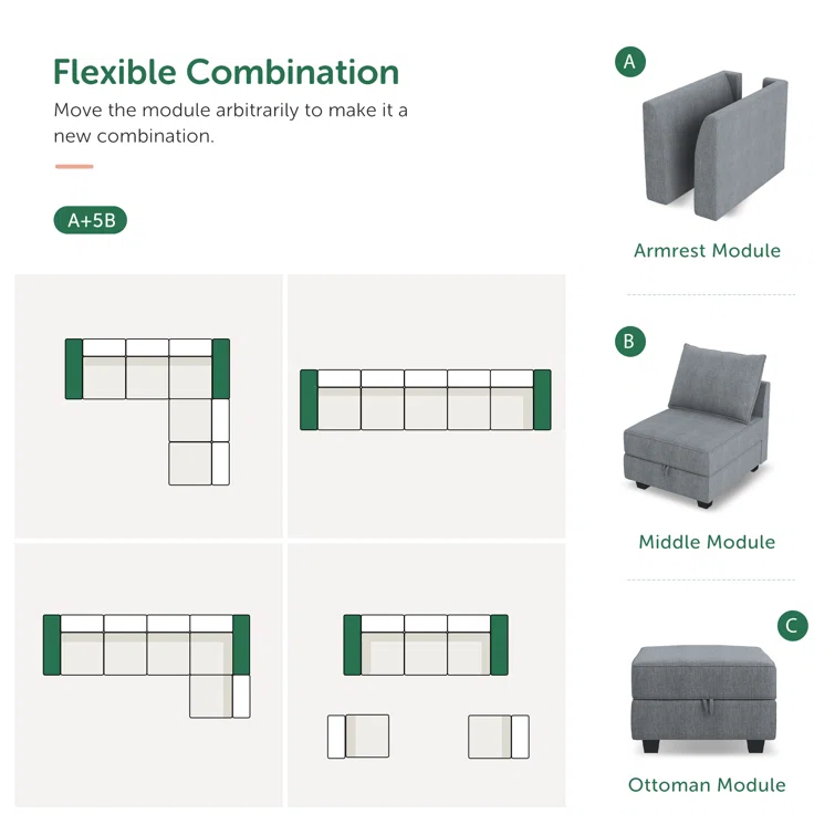 L-Shaped Modular Sectional Couch Reversible Modular Upholstered Sofa
