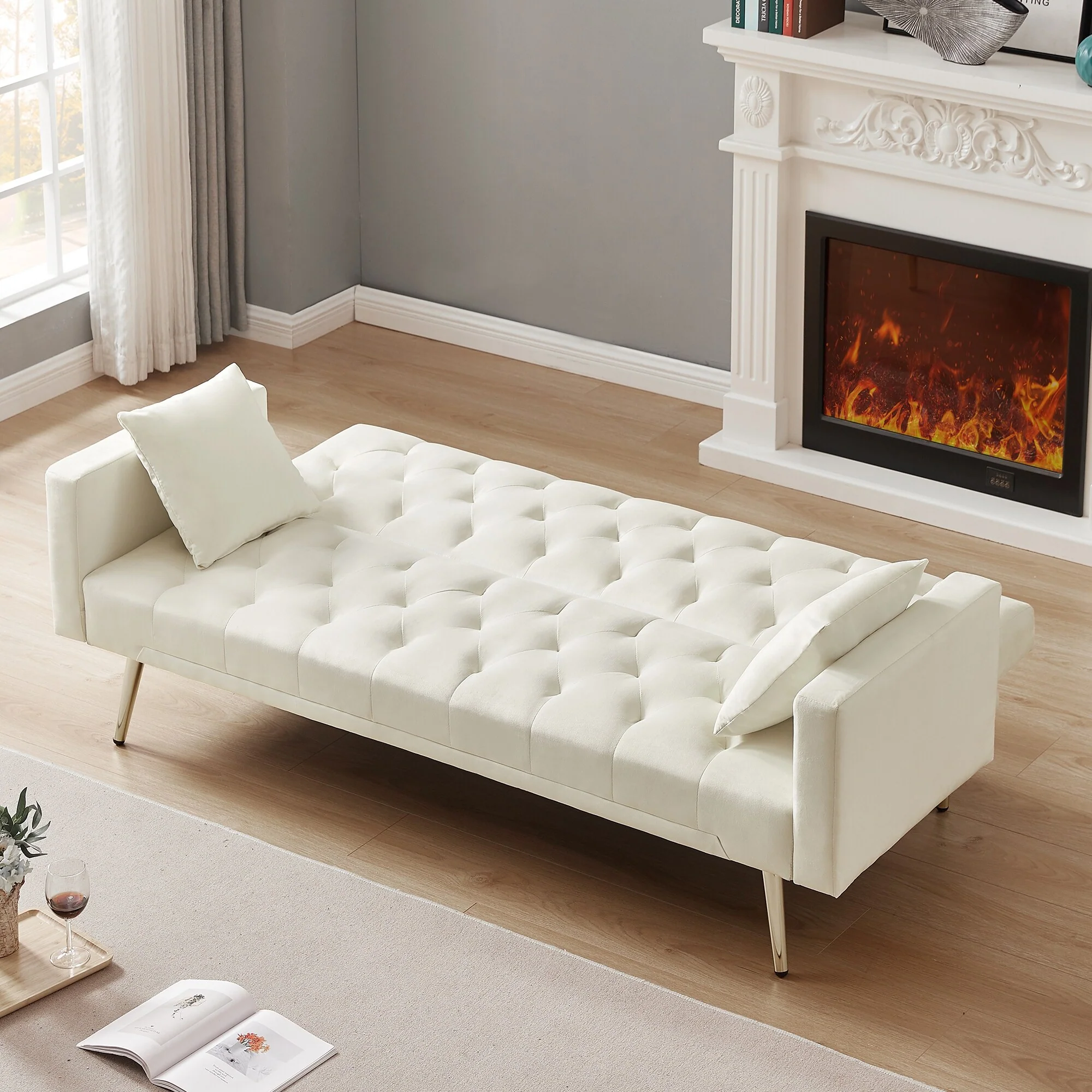 Tufted Upholstered Convertible Folding Sofa Bed Cream White