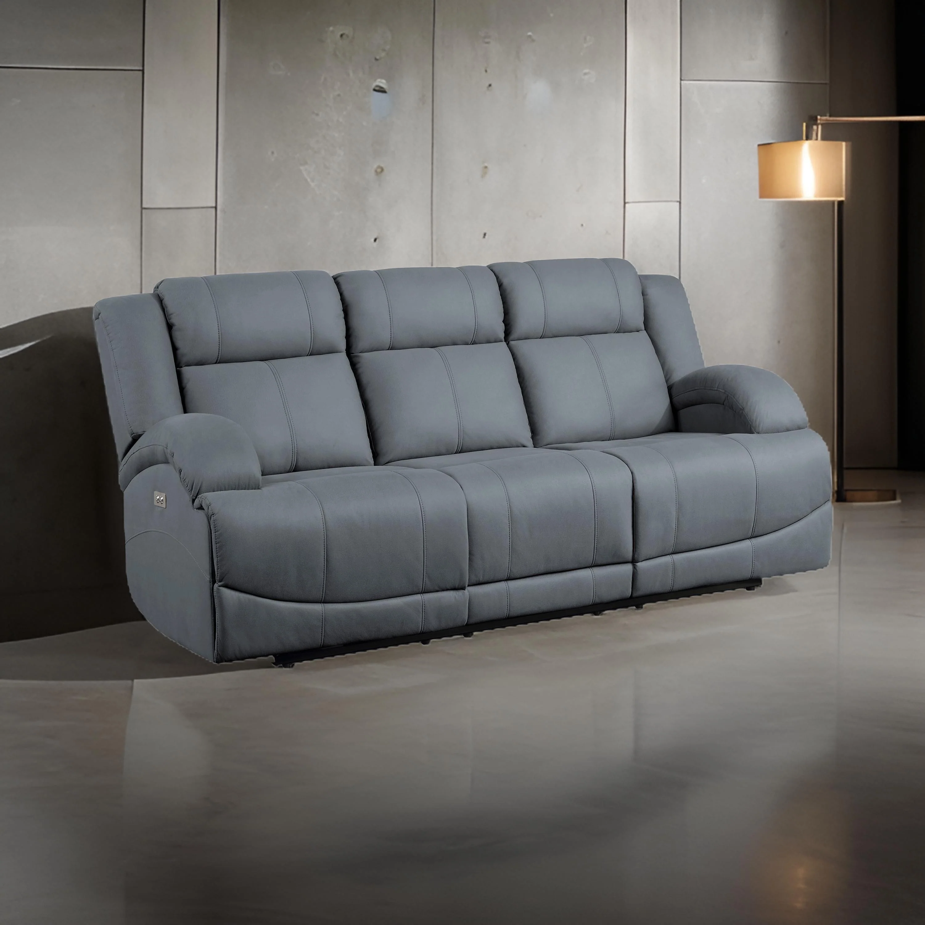 Kate 82 Inch Power Double Recliner Sofa, USB Ports, Blue Microfiber, Wood