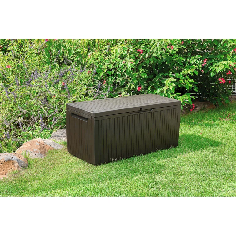 Keter Springwood 80 Gallon Durable Resin Outdoor Storage and Organization Deck Box For Patio Furniture and Supplies, Brown