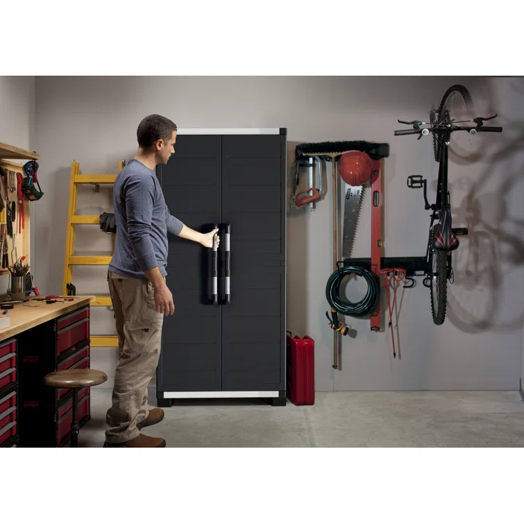 Keter XL Pro Durable Resin Storage Cabinet and Tool Storage Organizer with Lockable Doors and Shelves for Home Garage or Workshop, Black