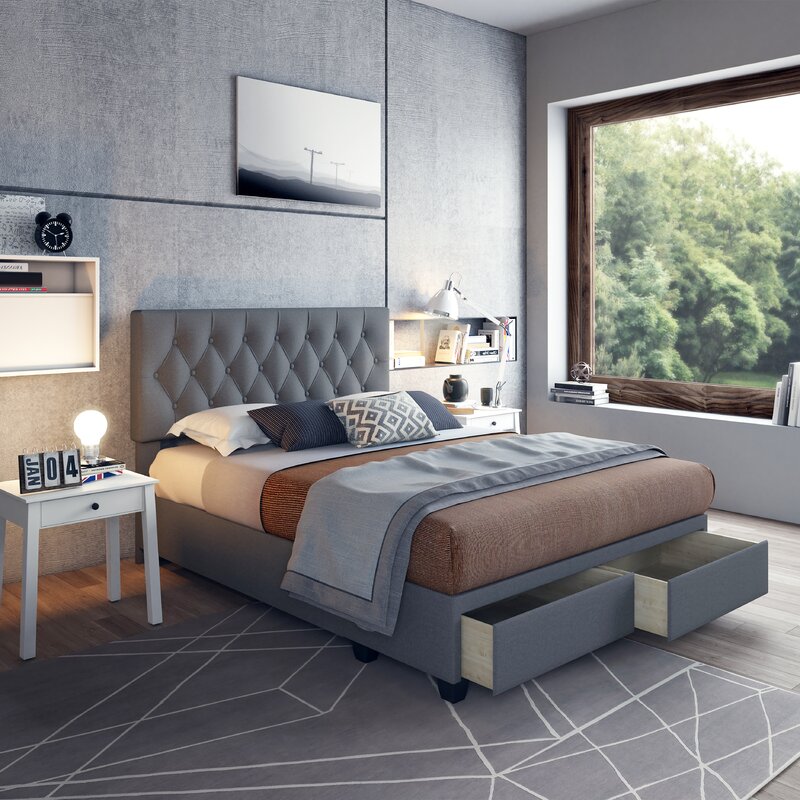 Salerno Linen Upholstered Tufted Platform Storage Bed Frame