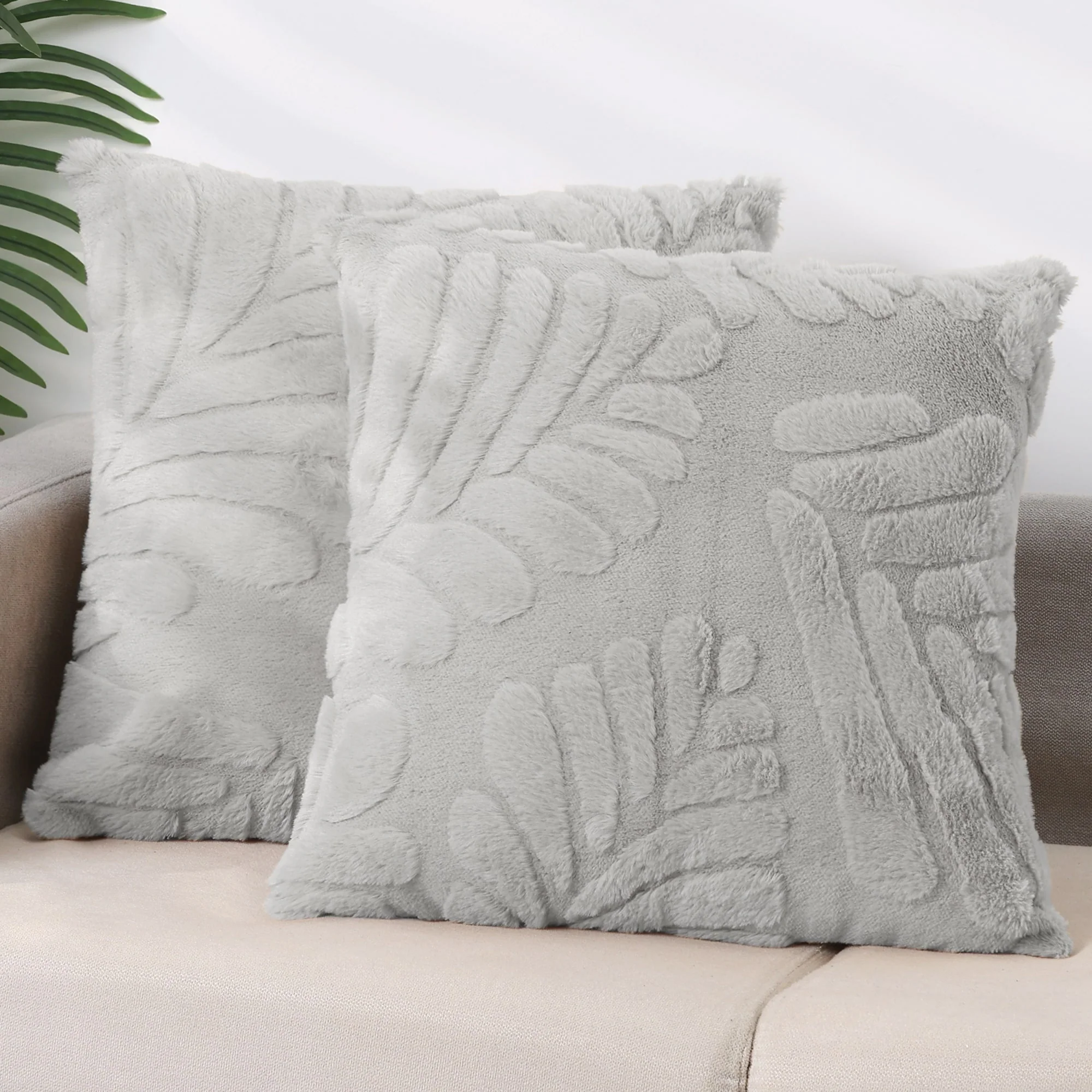 Basho Leaf Pattern Cushion Covers Solid Fluffy Plush Pillowcase 2 Pcs