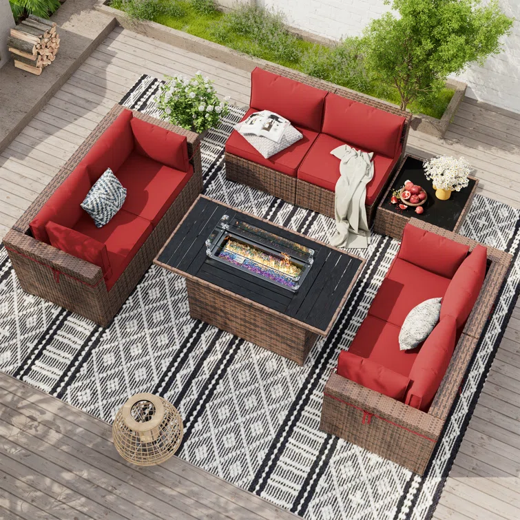 Mecayla 8 Piece Fire Pit & Rattan Sectional Seating Group with Cushions