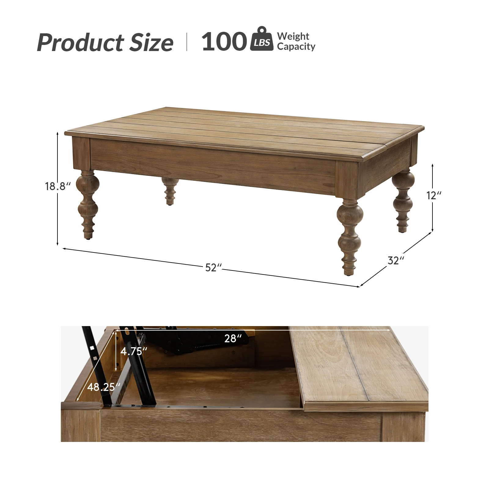 Cynthia Lift Top 4 Legs Ottoman Coffee Table with Storage